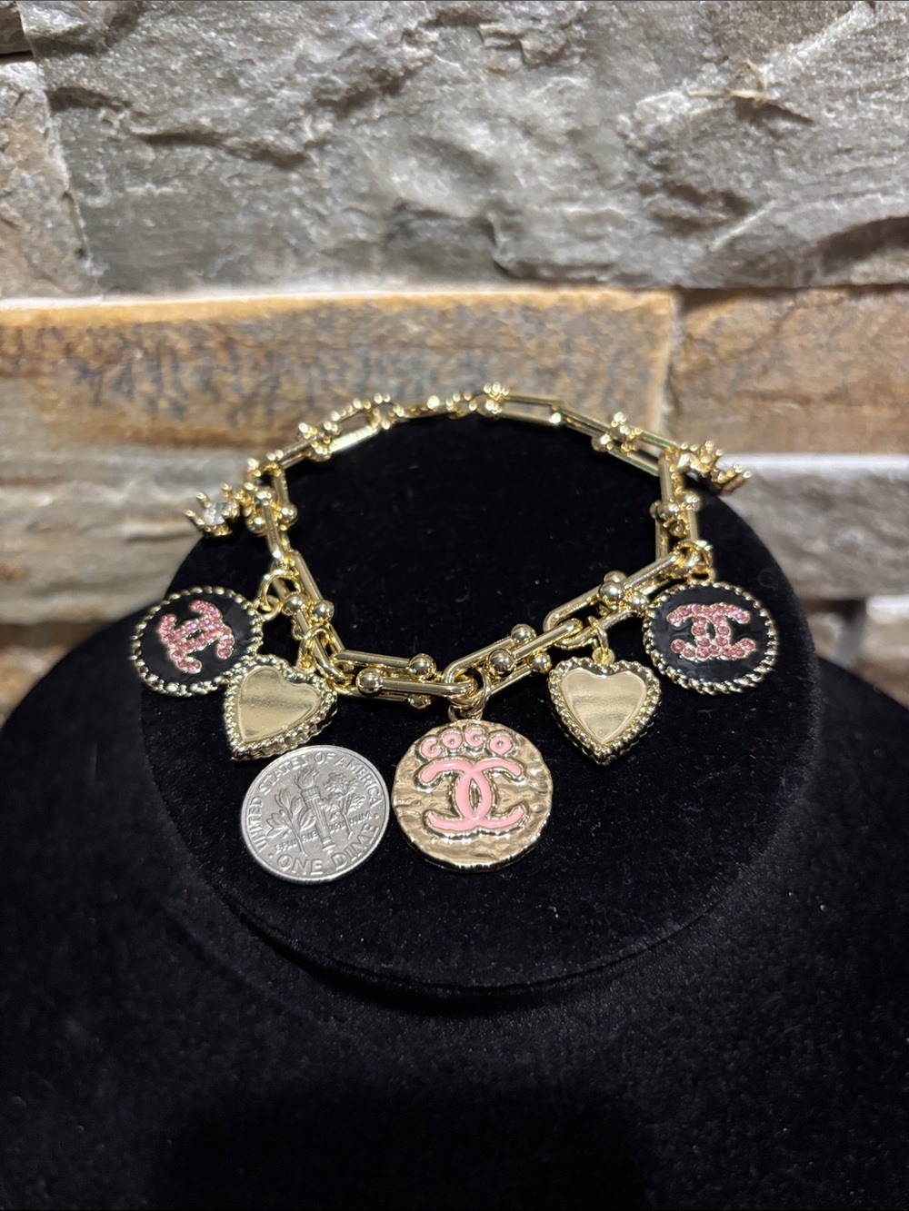 Gold plated Charm Bracelet with Pink Accents - Picture 4 of 5